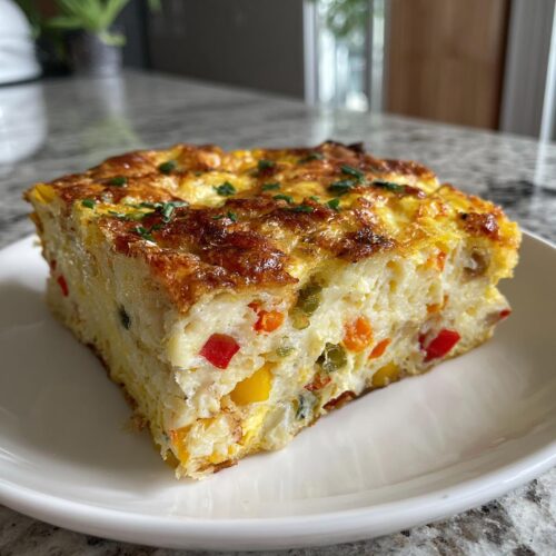 A square slice of a baked egg casserole with colorful peppers, perfect as a Breakfast Bake Perfect for Lunchboxes.