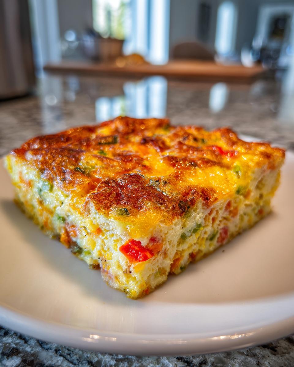 Close-up of a square slice of Breakfast Bake Perfect for Lunchboxes with a golden-brown top and visible vegetables.