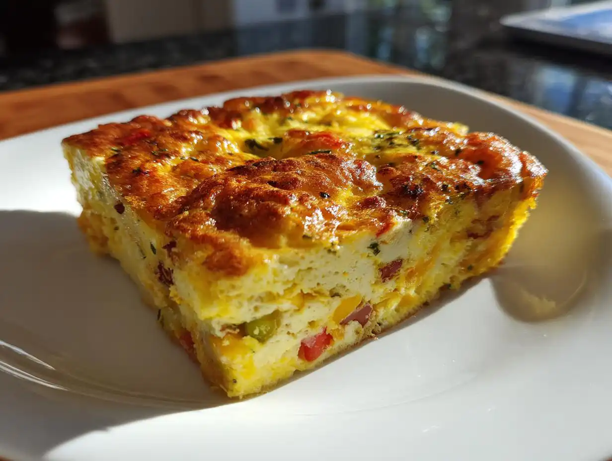 A square slice of golden-brown Breakfast Bake Perfect for Lunchboxes on a white plate.