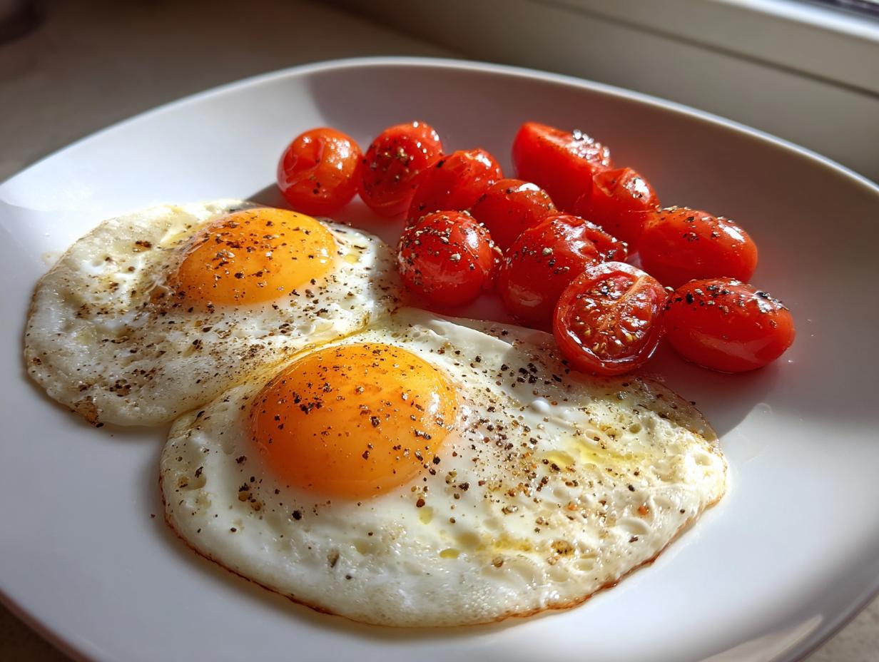 Two sunny-side-up fried eggs seasoned with pepper, served alongside roasted cherry tomatoes for Brunch Eggs Without Heavy Ingredients.