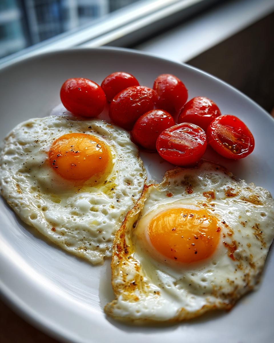 Two sunny-side-up fried eggs seasoned with pepper, served with roasted cherry tomatoes, illustrating Brunch Eggs Without Heavy Ingredients.
