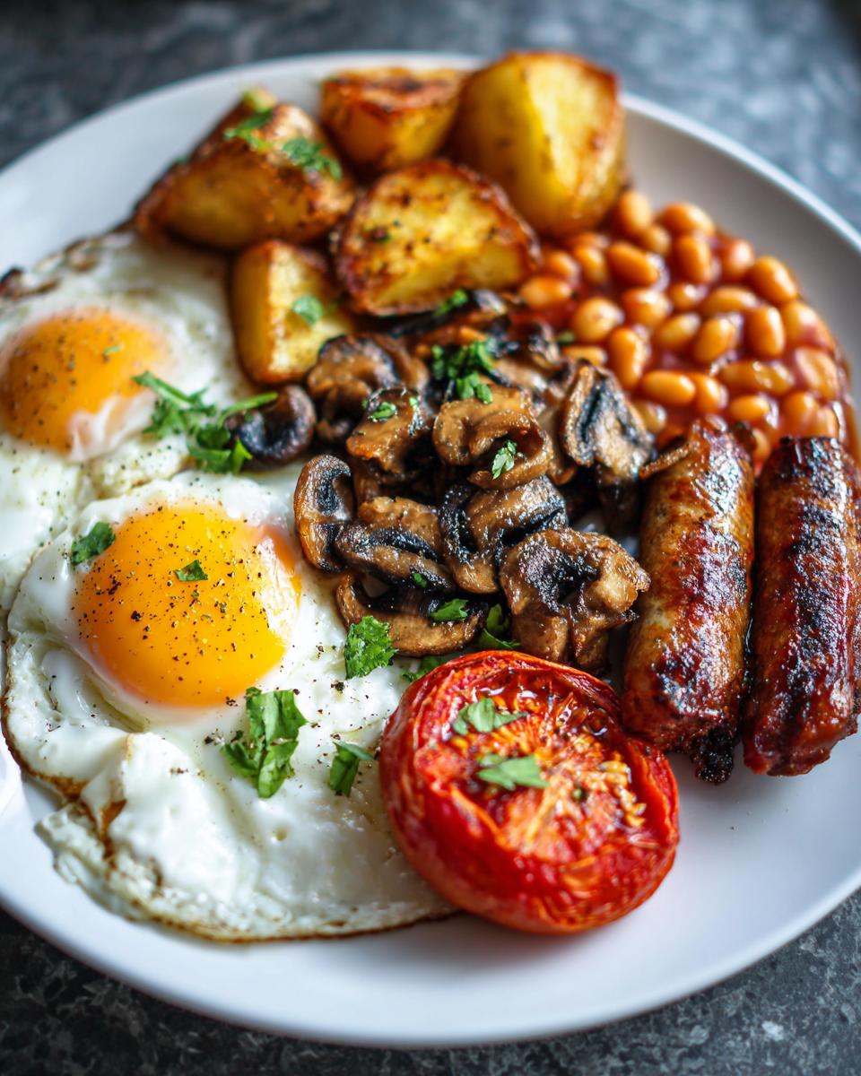 A hearty Brunch Plate Inspired by England featuring fried eggs, sausages, baked beans, mushrooms, tomato, and roasted potatoes.