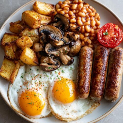 A hearty Brunch Plate Inspired by England featuring fried eggs, sausages, baked beans, mushrooms, potatoes, and tomato.