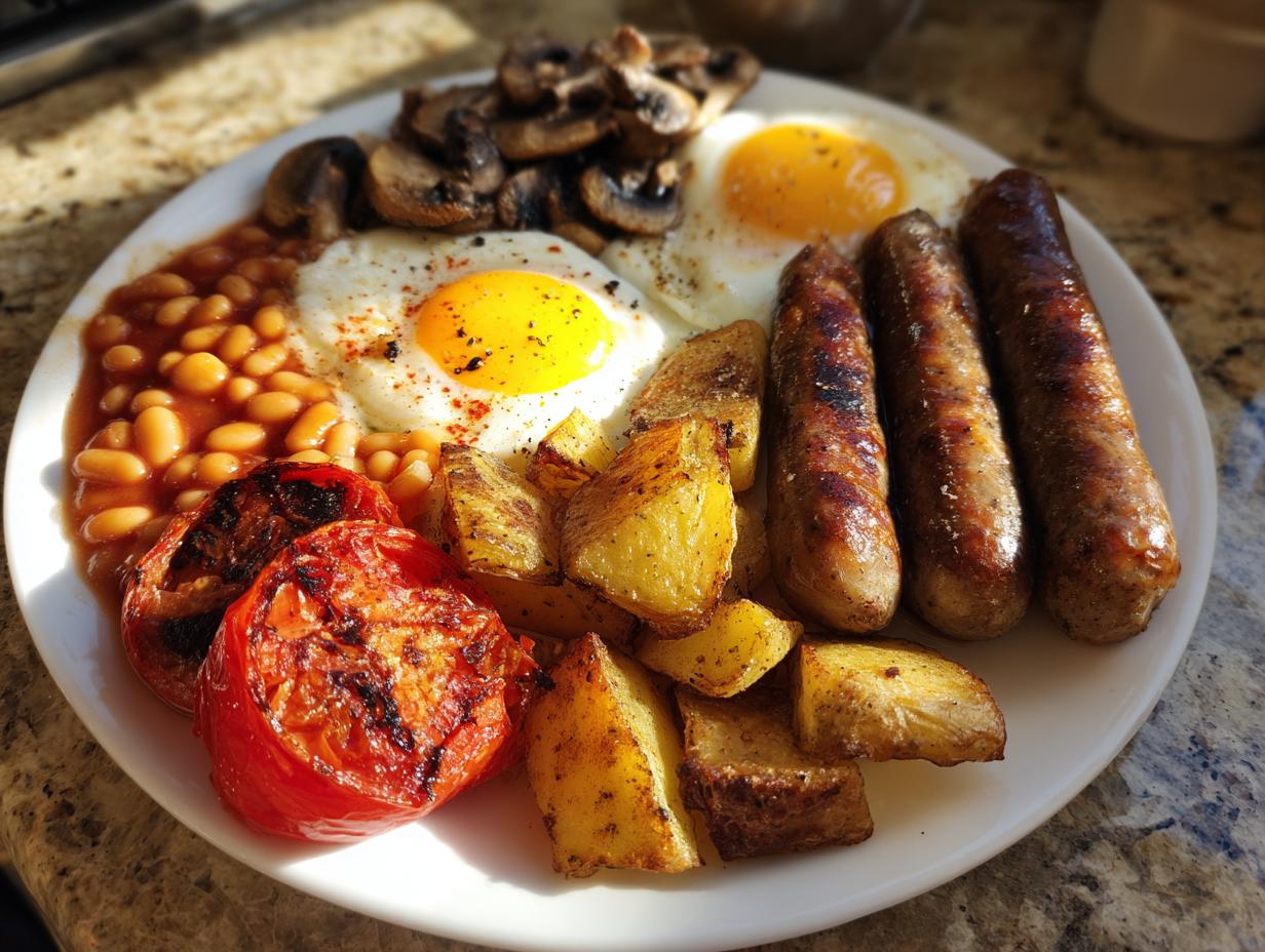 A hearty Brunch Plate Inspired by England featuring sausages, fried eggs, baked beans, roasted tomatoes, potatoes, and mushrooms.