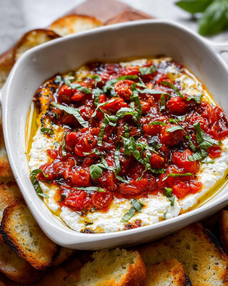 Close-up of warm Bruschetta Dip with Goat Cheese, topped with roasted tomatoes and fresh basil, served with toasted bread.