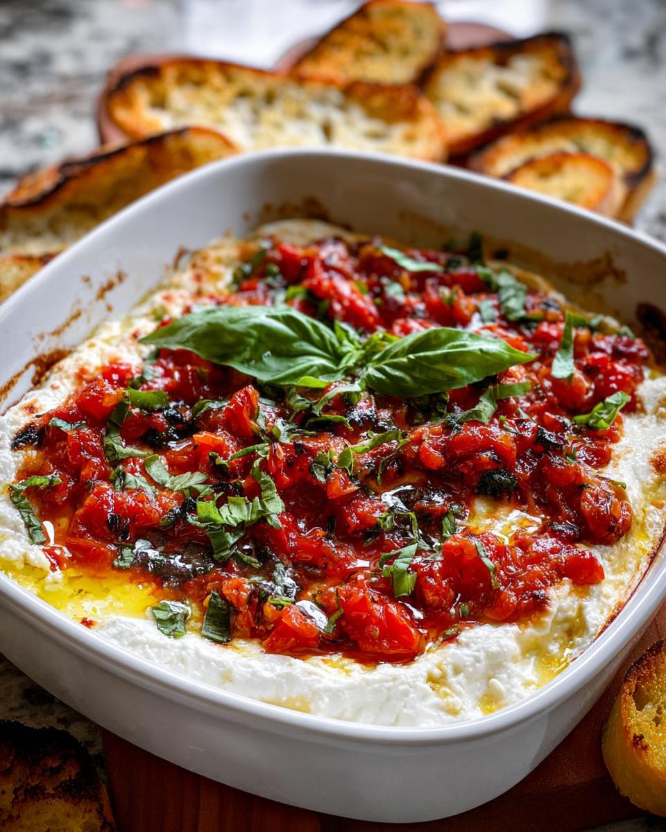 Close-up of warm Bruschetta Dip with Goat Cheese topped with roasted tomatoes and fresh basil.