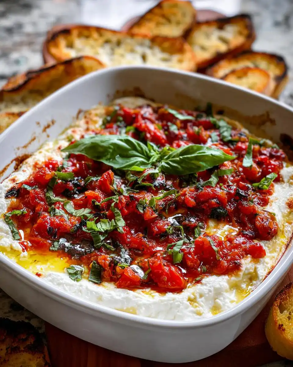 Close-up of warm Bruschetta Dip with Goat Cheese topped with roasted tomatoes and fresh basil.