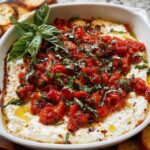 A baked white dish filled with creamy Bruschetta Dip with Goat Cheese, topped with roasted tomatoes and fresh basil.