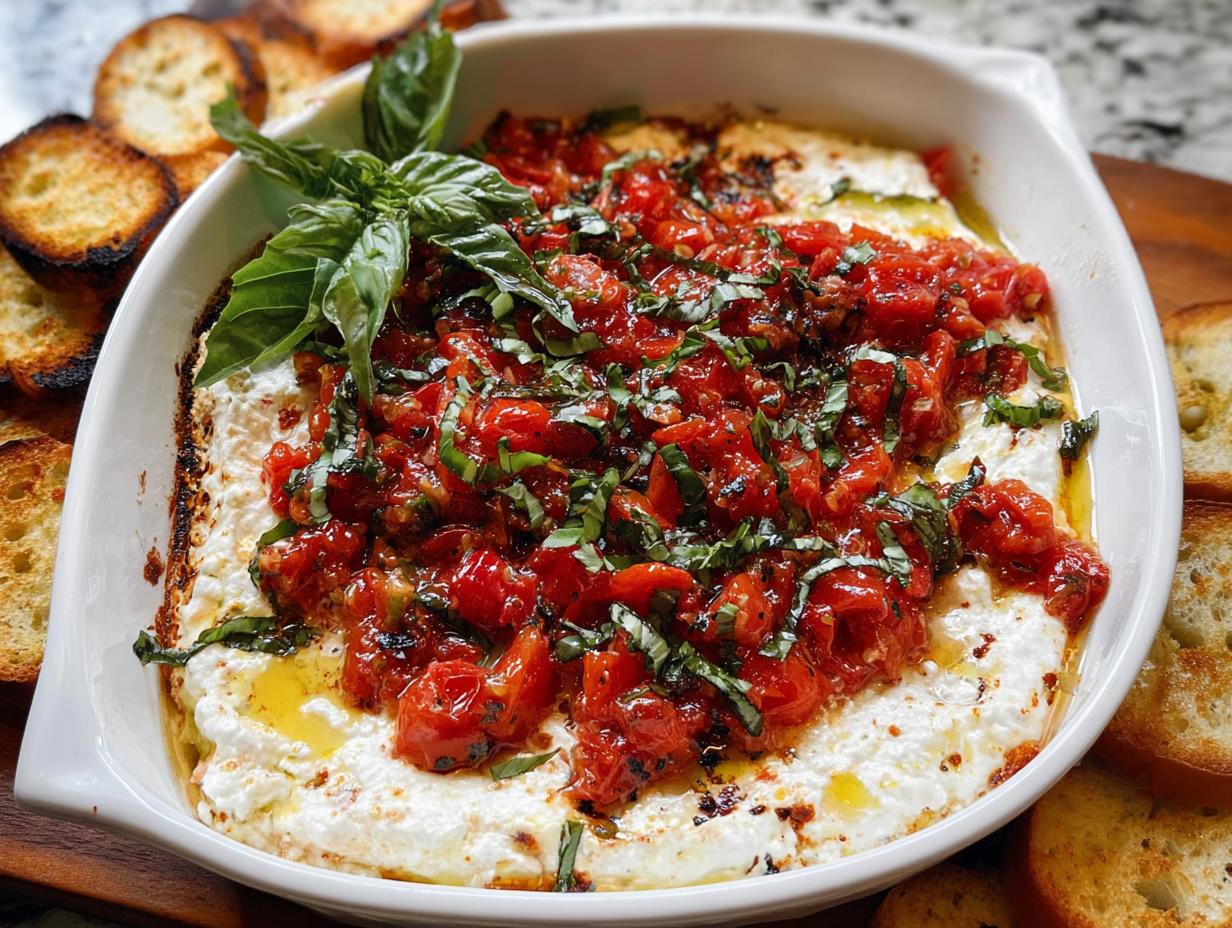 A baked white dish filled with creamy Bruschetta Dip with Goat Cheese, topped with roasted tomatoes and fresh basil.