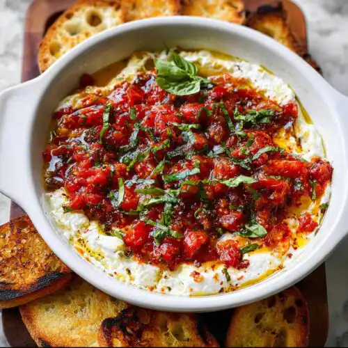 A white bowl filled with creamy Bruschetta Dip with Goat Cheese, topped with chunky tomato mixture and fresh basil.