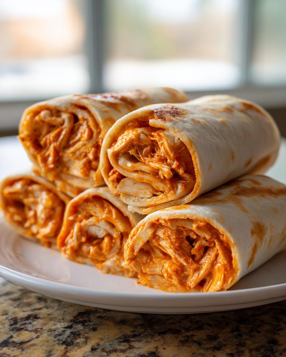 A stack of four Buffalo Chicken Pinwheels showing the shredded chicken filling coated in spicy orange sauce inside tortillas.