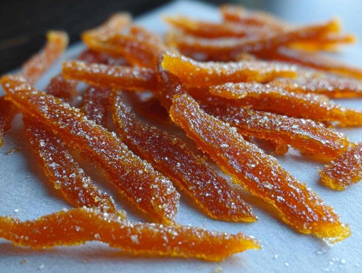 Close-up of glistening, sugary strips of Candied Orange Peel with Brown Sugar resting on a light surface.