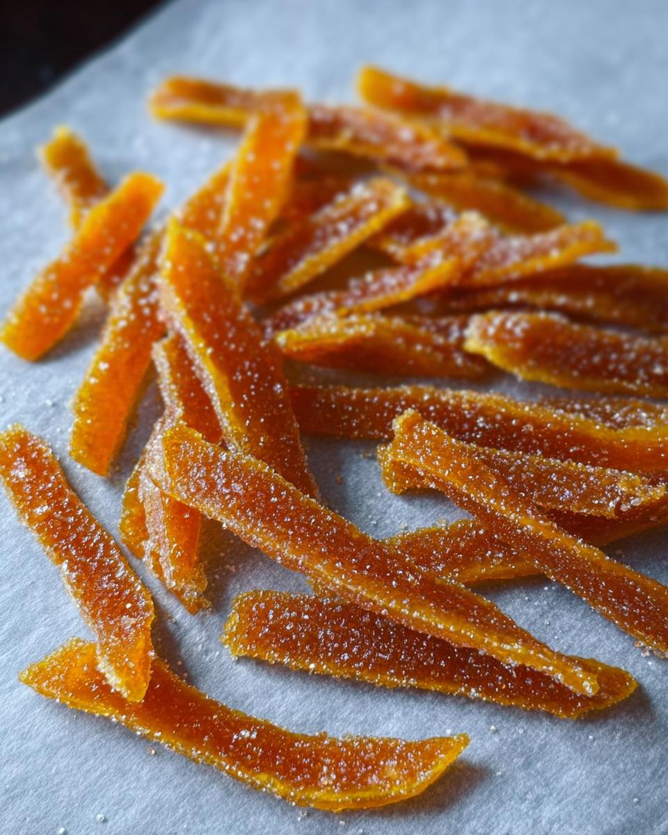Close-up of glistening, orange-colored Candied Orange Peel with Brown Sugar strips sprinkled with sugar.