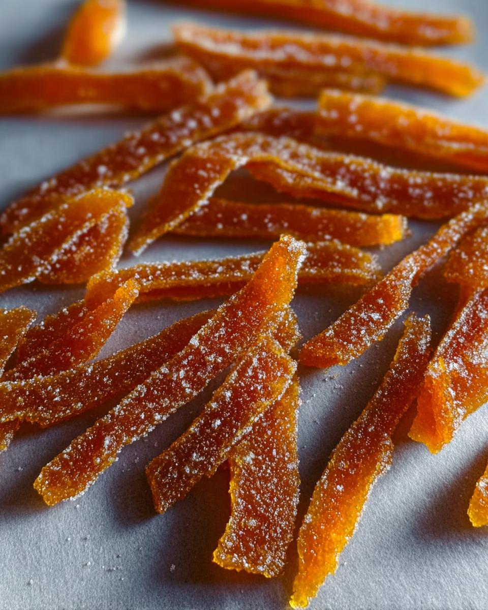 Close-up of glistening, orange strips of Candied Orange Peel with Brown Sugar, coated in fine sugar crystals.