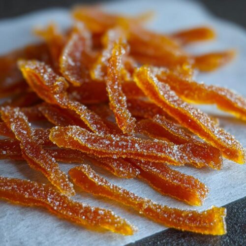 Close-up of bright orange, sugar-coated strips of Candied Orange Peel with Brown Sugar.
