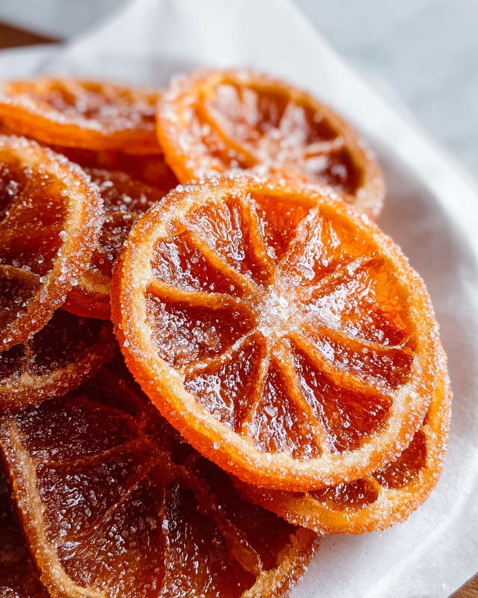 Close-up of glistening, deep orange Candied Orange Slices with Brown Sugar, coated in sparkling sugar crystals.