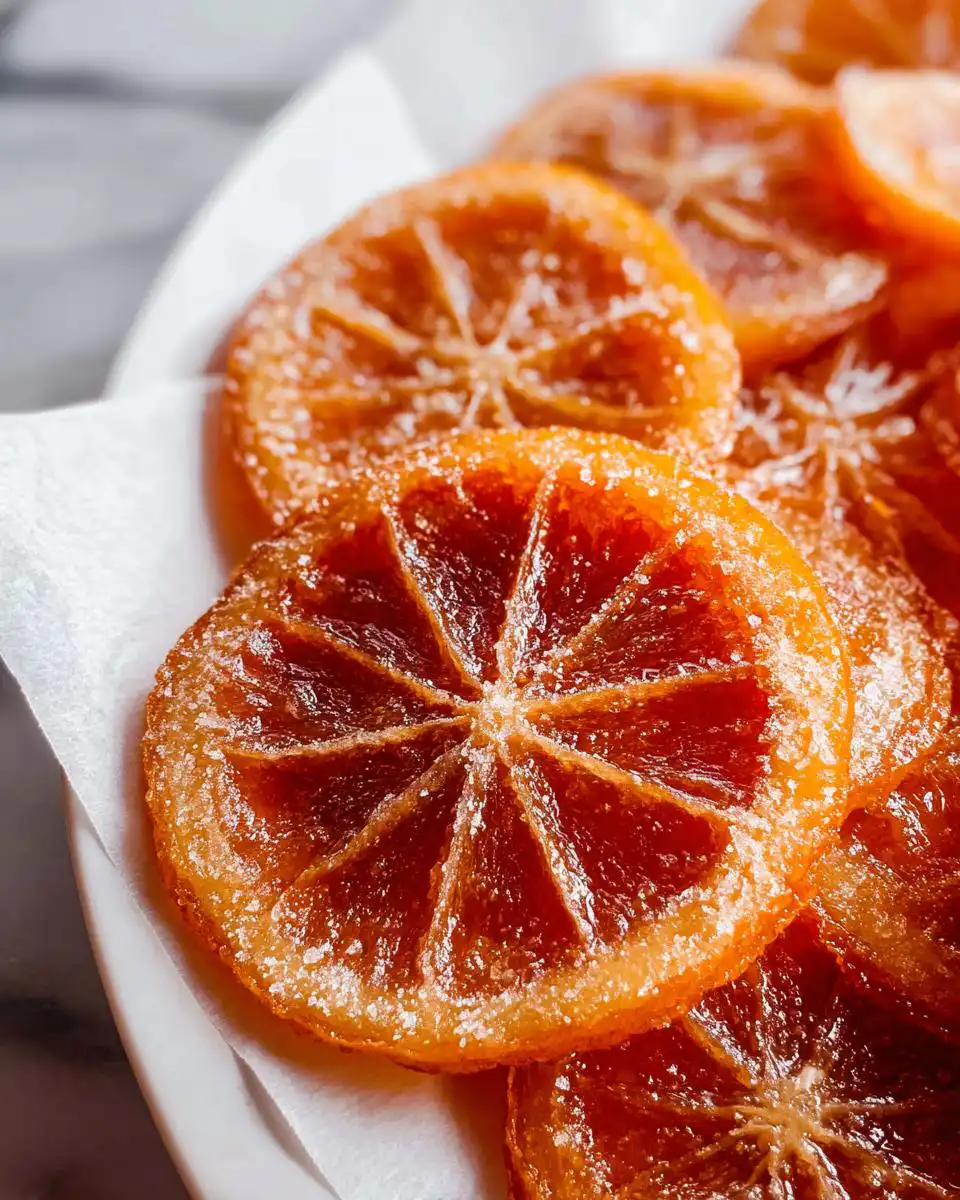 Close-up of glistening, deep orange Candied Orange Slices with Brown Sugar sprinkled with coarse sugar crystals.