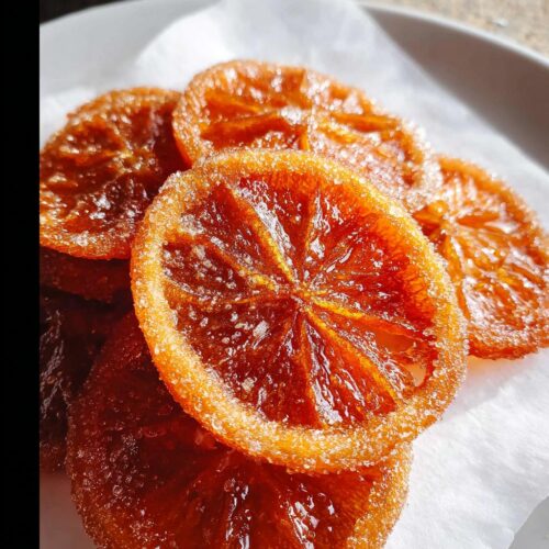 Close-up of glistening, deep amber Candied Orange Slices with Brown Sugar coated in sparkling sugar crystals.