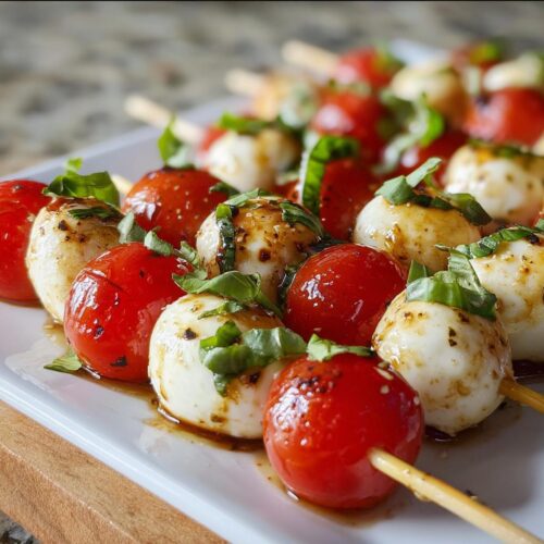 Close-up of Caprese Bites with Marinated Mozzarella, cherry tomatoes, and basil on skewers drizzled with balsamic glaze.