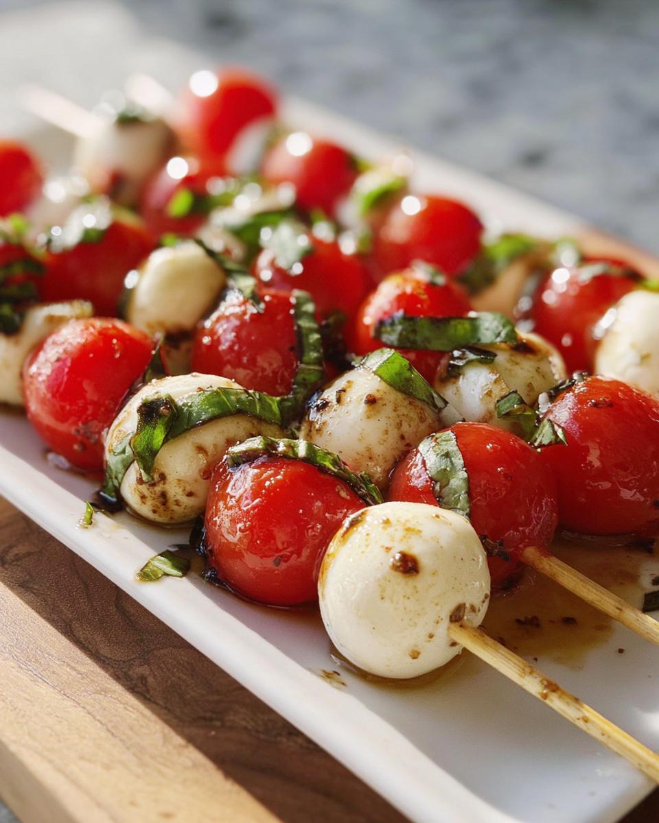 Close-up of Caprese Bites with marinated mozzarella balls, cherry tomatoes, and basil on skewers.