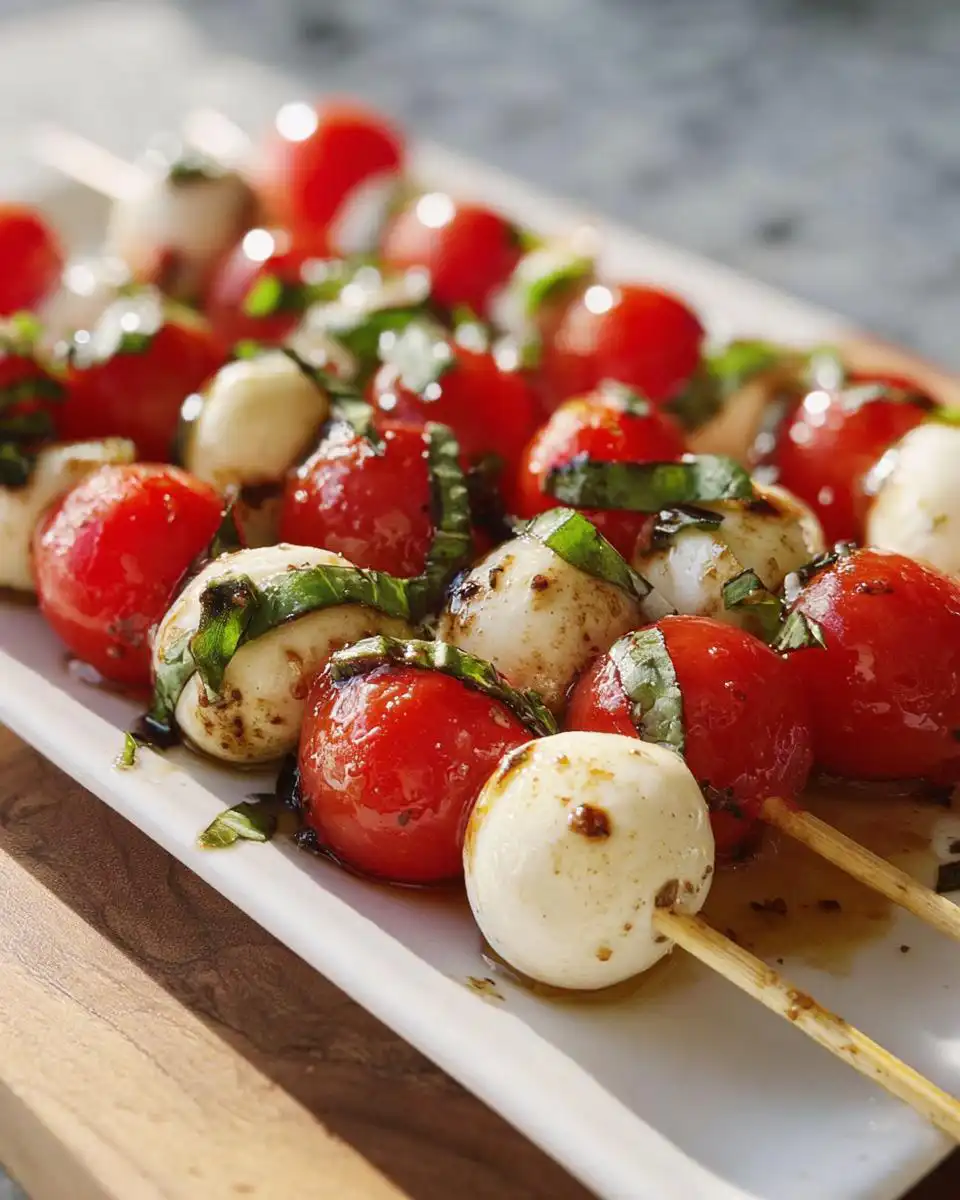 Close-up of Caprese Bites with marinated mozzarella balls, cherry tomatoes, and basil on skewers.