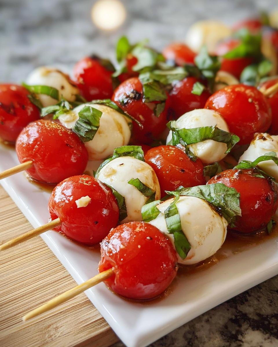 Close-up of Caprese Bites with Marinated Mozzarella, cherry tomatoes, and basil on skewers.