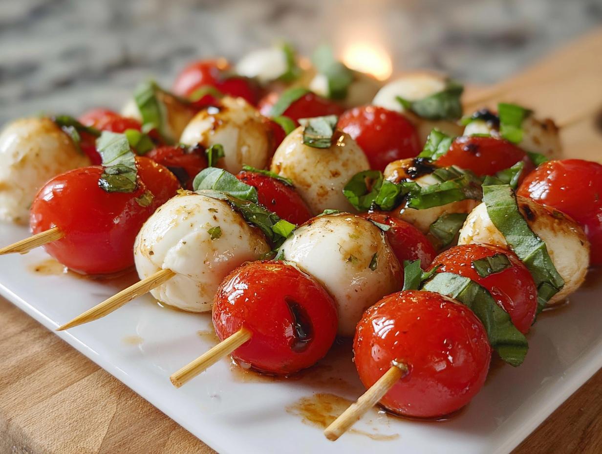 Close-up of Caprese Bites with Marinated Mozzarella, cherry tomatoes, and basil on skewers drizzled with balsamic glaze.