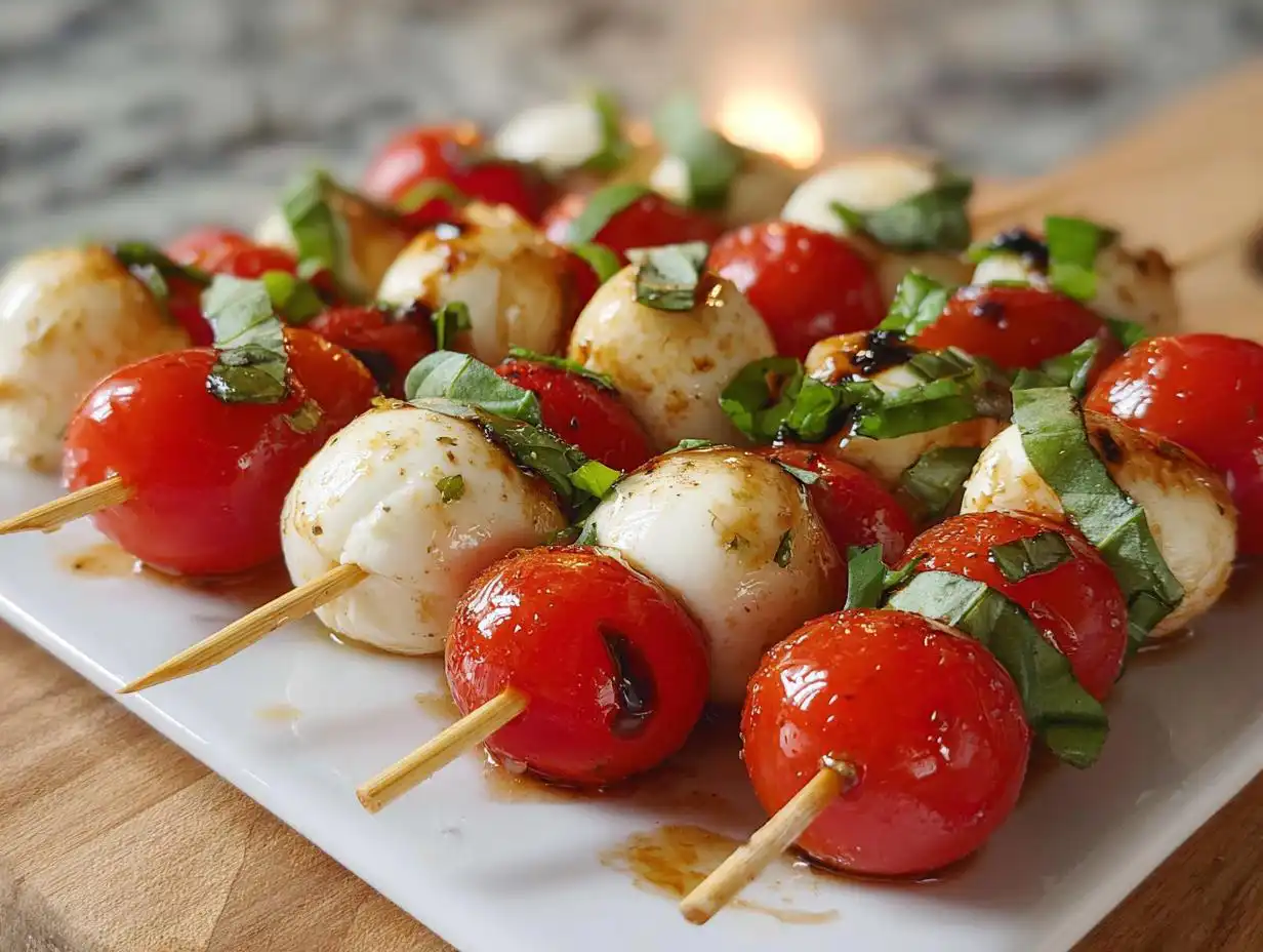 Close-up of Caprese Bites with Marinated Mozzarella, cherry tomatoes, and basil on skewers drizzled with balsamic glaze.
