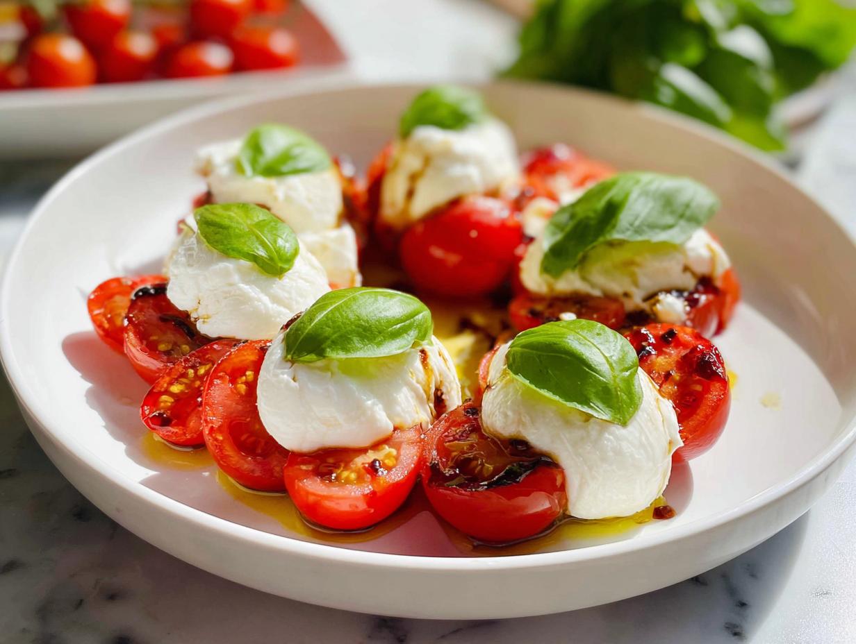 Close-up of several Caprese Bites with Burrata, featuring sliced tomatoes, creamy white burrata, and fresh basil leaves drizzled with balsamic.