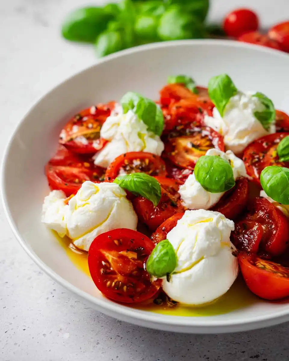 A white bowl filled with Caprese Bites with Burrata, featuring sliced red tomatoes, dollops of creamy white cheese, and fresh basil leaves.
