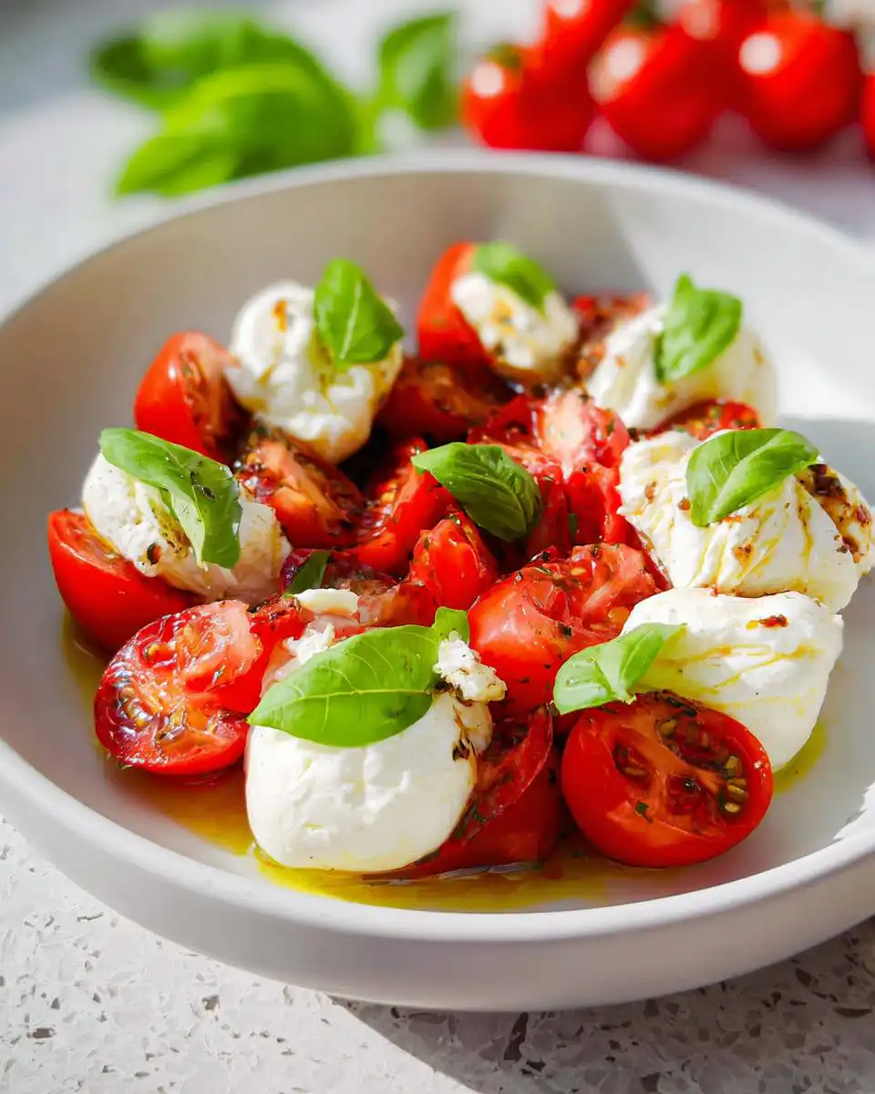 A white bowl filled with Caprese Bites with Burrata, halved cherry tomatoes, drizzled olive oil, and fresh basil leaves.