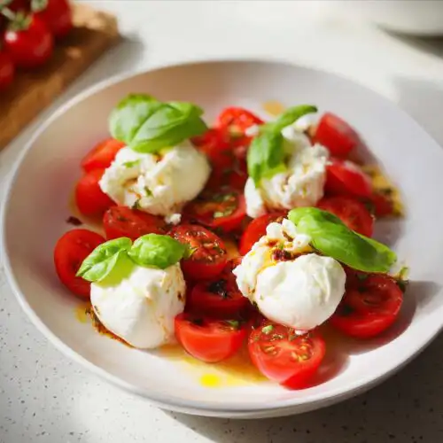 Four mounds of creamy burrata cheese served over halved cherry tomatoes, garnished with fresh basil, making delicious Caprese Bites with Burrata.