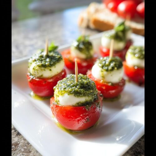 Close-up of fresh Caprese Bites with Pesto, featuring cherry tomatoes, mozzarella balls, and green pesto, held with toothpicks.