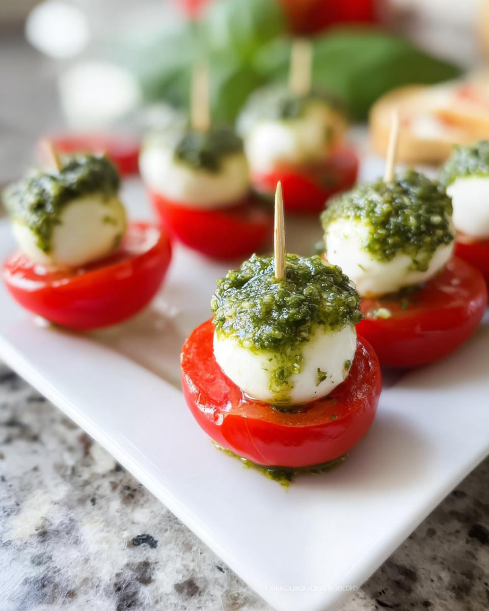 Close-up of Caprese Bites with Pesto: cherry tomato halves topped with mozzarella balls and pesto, held with toothpicks.