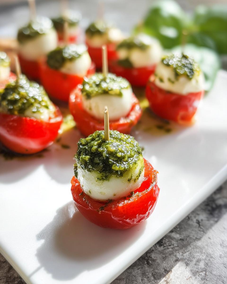 Close-up of several Caprese Bites with Pesto, featuring cherry tomatoes, mozzarella balls, and vibrant green pesto, skewered on toothpicks.