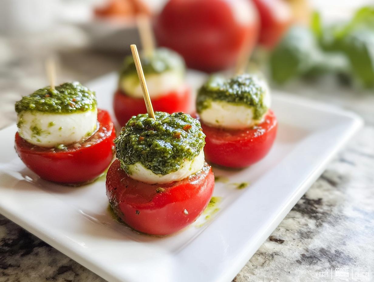 Four Caprese Bites with Pesto, featuring cherry tomatoes, mozzarella balls, and green pesto, skewered on toothpicks.