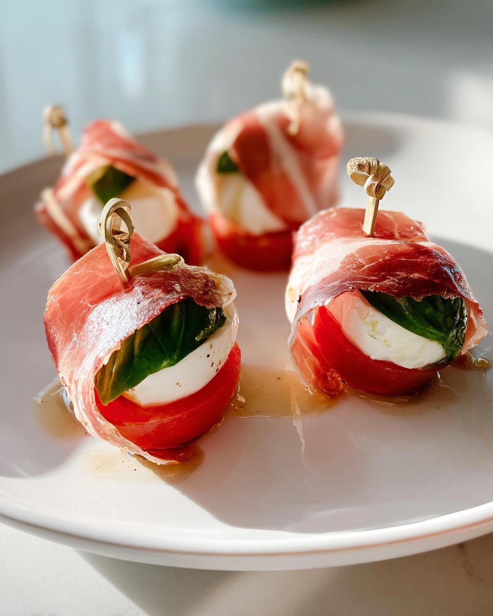 Four Caprese Bites with Prosciutto wrapped around tomato, mozzarella, and basil, held with toothpicks on a white plate.