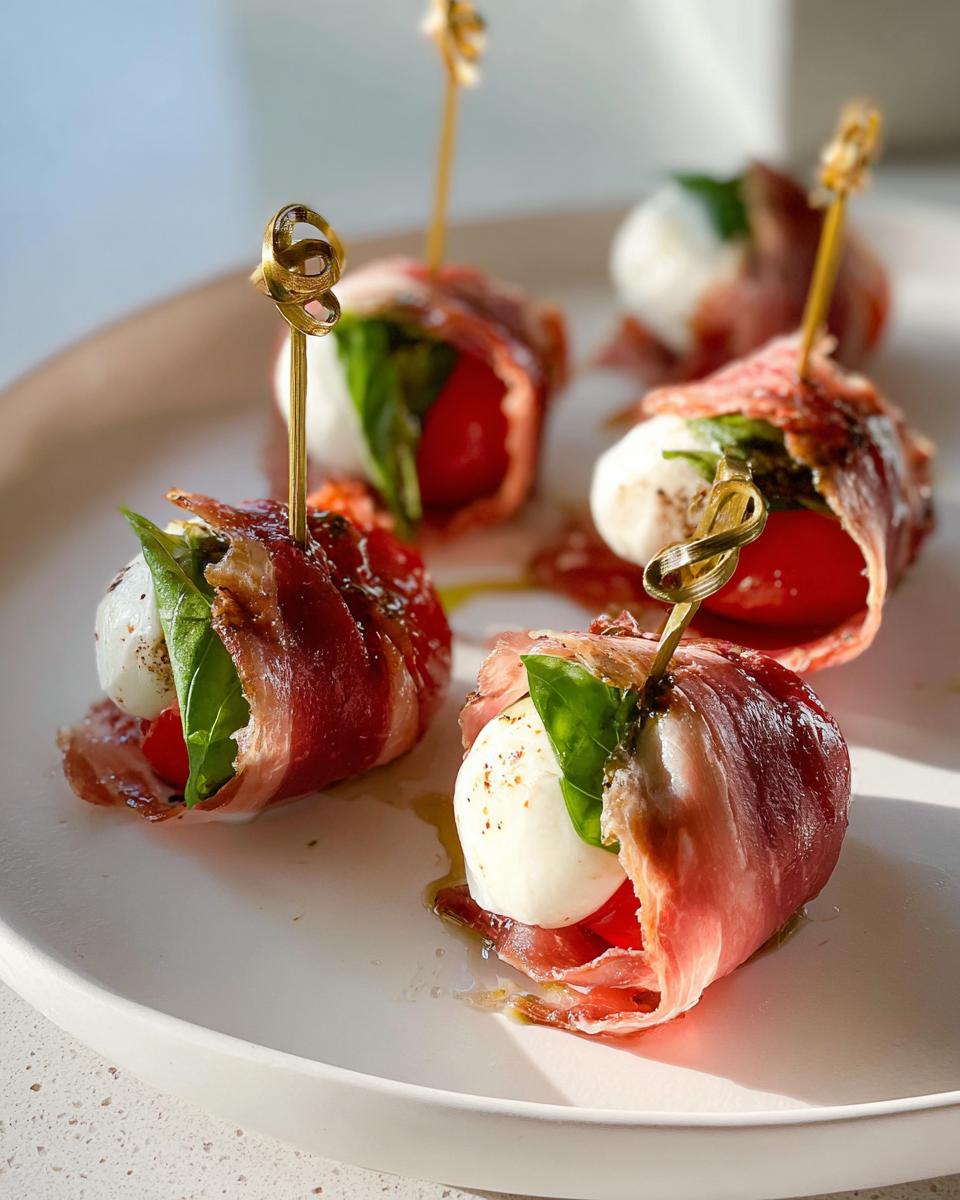 Four Caprese Bites with Prosciutto, mozzarella balls, tomatoes, and basil, skewered on decorative picks.