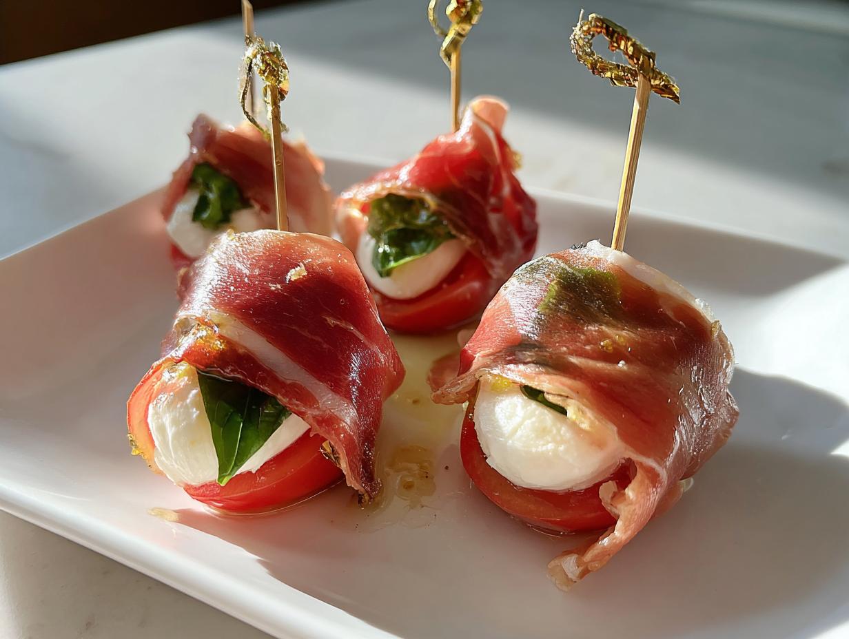 Three Caprese Bites with Prosciutto wrapped around tomato, mozzarella, and basil, held by decorative toothpicks.