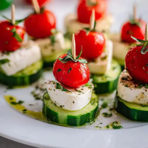 Close-up of Caprese Cucumber Bites stacked with cucumber, mozzarella, and cherry tomato, drizzled with oil.