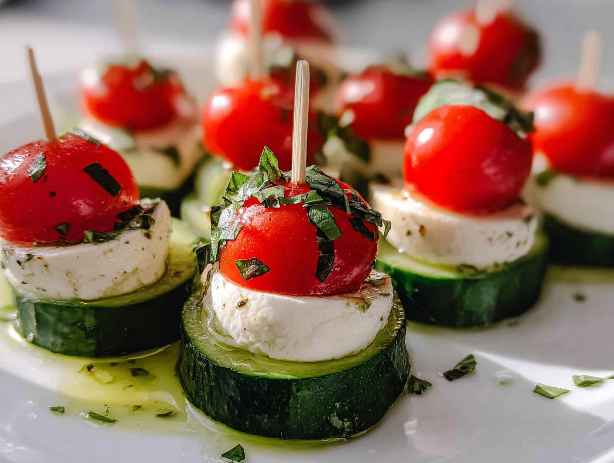 Close-up of stacked Caprese Cucumber Bites featuring cucumber, mozzarella, cherry tomato, and basil, drizzled with oil.