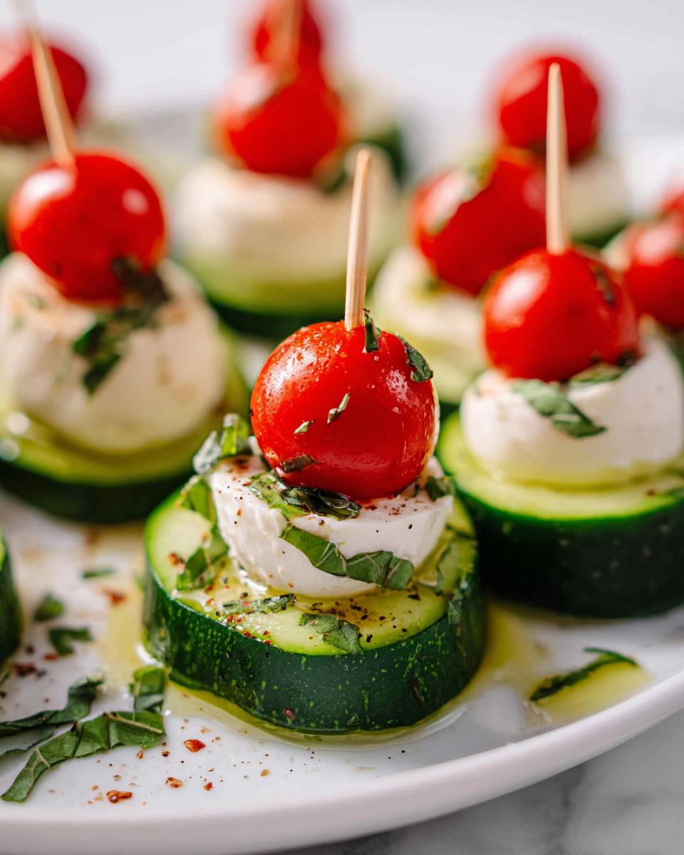 Close-up of Caprese Cucumber Bites stacked with cucumber, mozzarella, and cherry tomato on a toothpick.