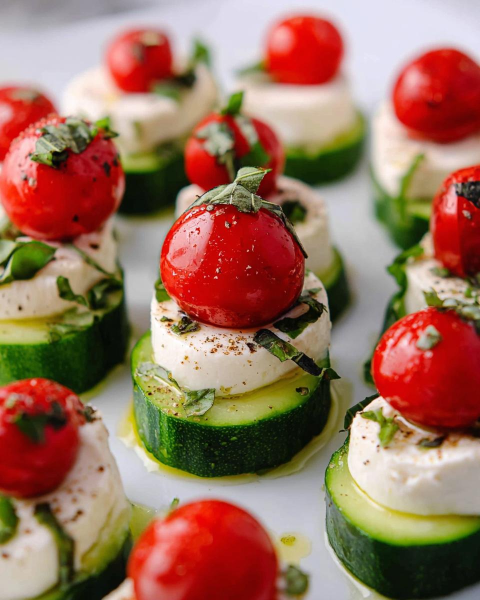 Close-up of stacked Caprese Cucumber Bites featuring zucchini, mozzarella, basil, and cherry tomatoes.