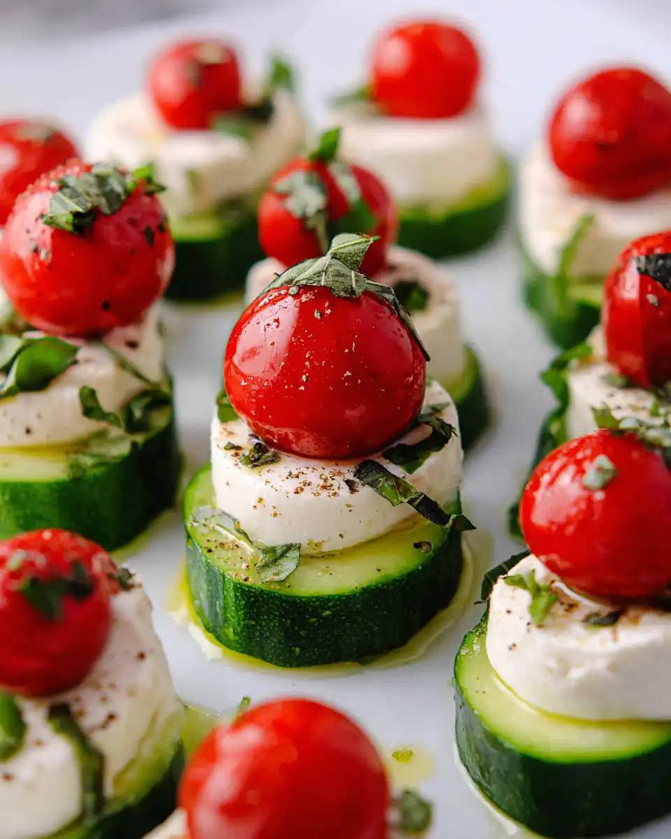 Close-up of stacked Caprese Cucumber Bites featuring zucchini, mozzarella, basil, and cherry tomatoes.
