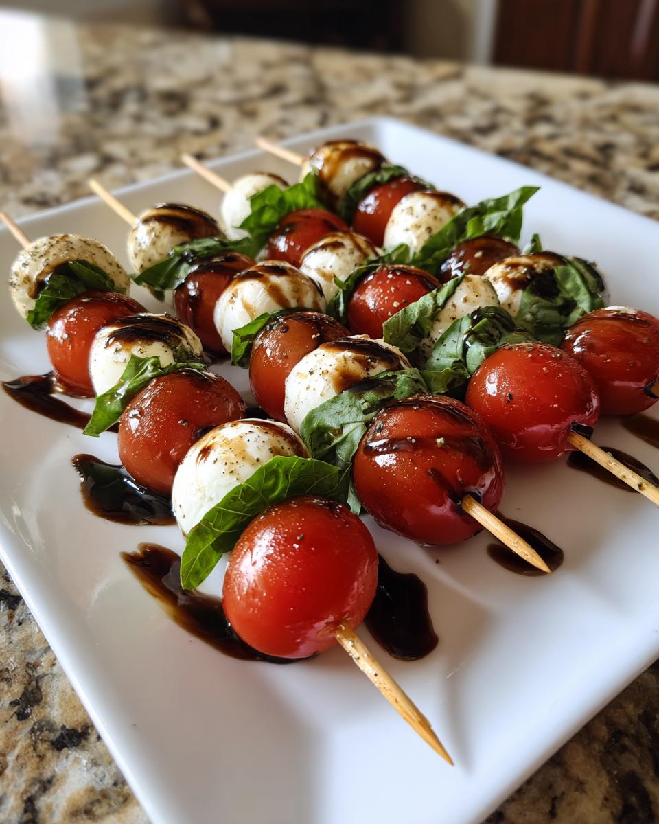 Close-up of several Caprese Skewers with Balsamic reduction drizzled over cherry tomatoes, mozzarella balls, and basil leaves.