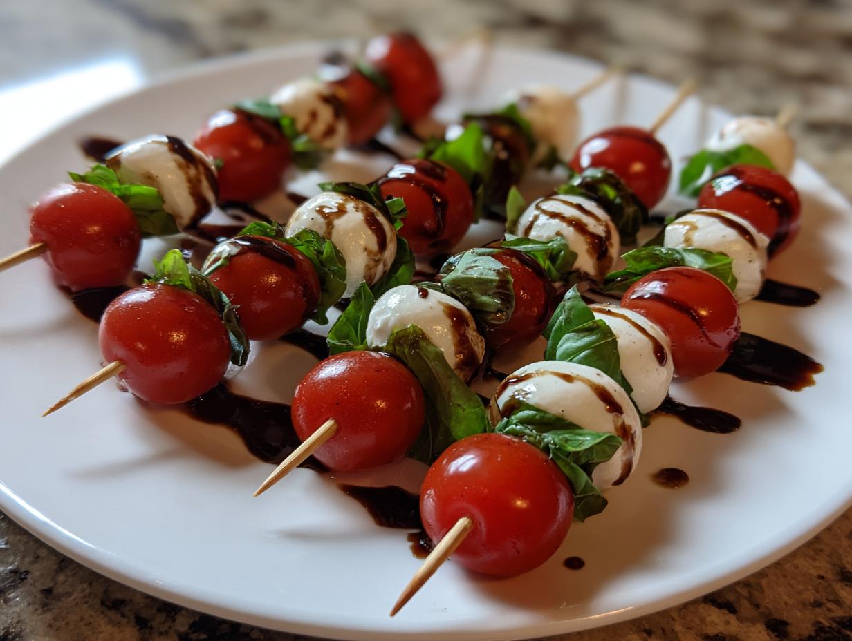 Close-up of several Caprese Skewers with Balsamic drizzled over cherry tomatoes, mozzarella balls, and basil leaves.