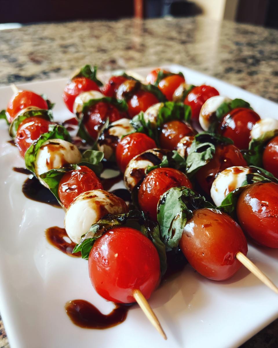 Close-up of several Caprese Skewers with Balsamic glaze drizzled over cherry tomatoes, mozzarella balls, and basil leaves.