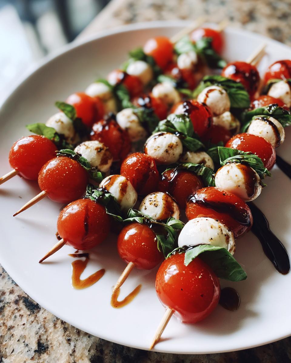 Close-up of fresh Caprese Skewers with Balsamic drizzled over cherry tomatoes, mozzarella balls, and basil leaves.