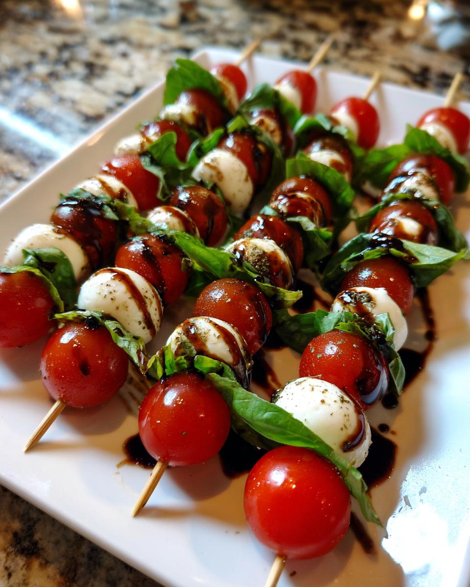 Close-up of several Caprese Skewers with Balsamic drizzled over cherry tomatoes, mozzarella balls, and basil leaves.
