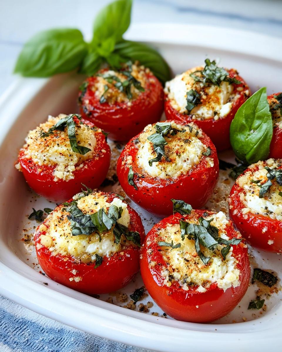 Several baked Caprese Stuffed Cherry Tomatoes filled with cheese and topped with breadcrumbs and fresh basil.